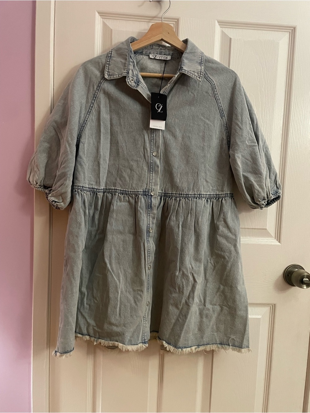 Light Blue Denim Mini Dress with Gathered Waist